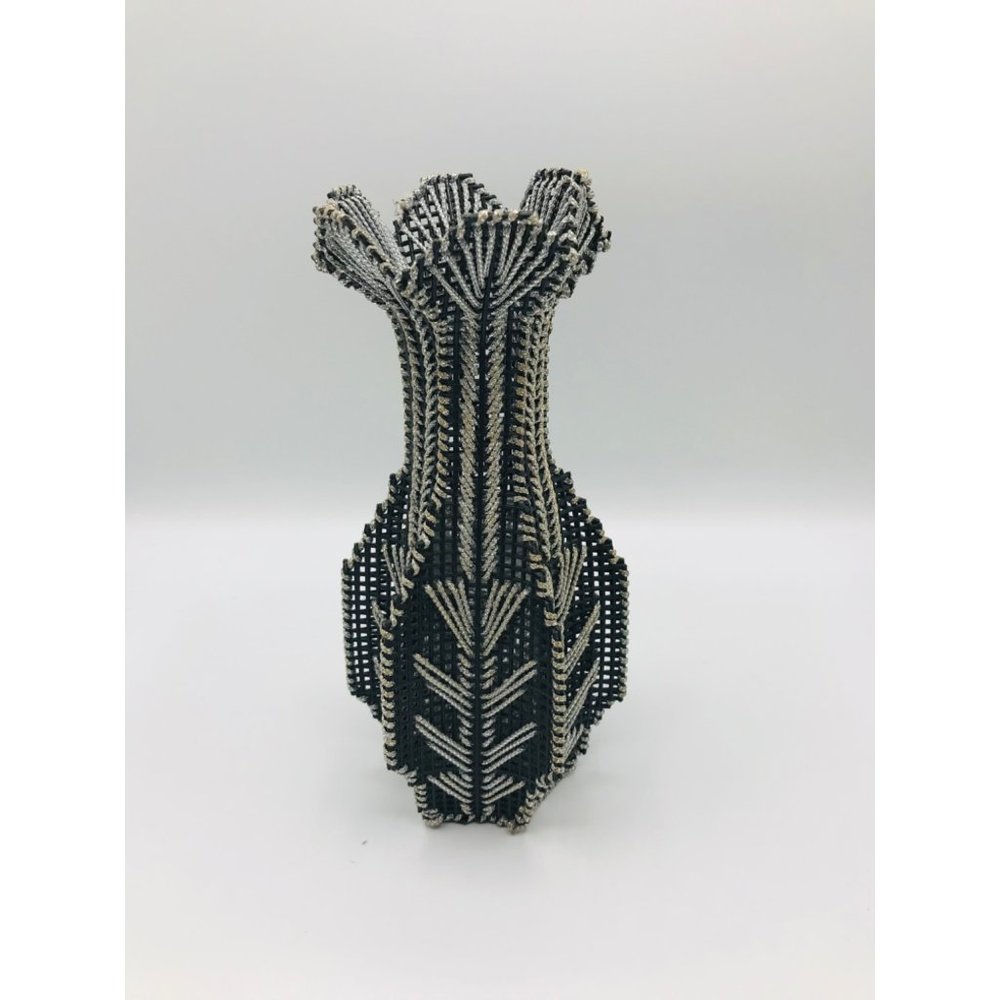 Vintage Funky Handmade Vase Sculptural needlepoint black silver 1970’s